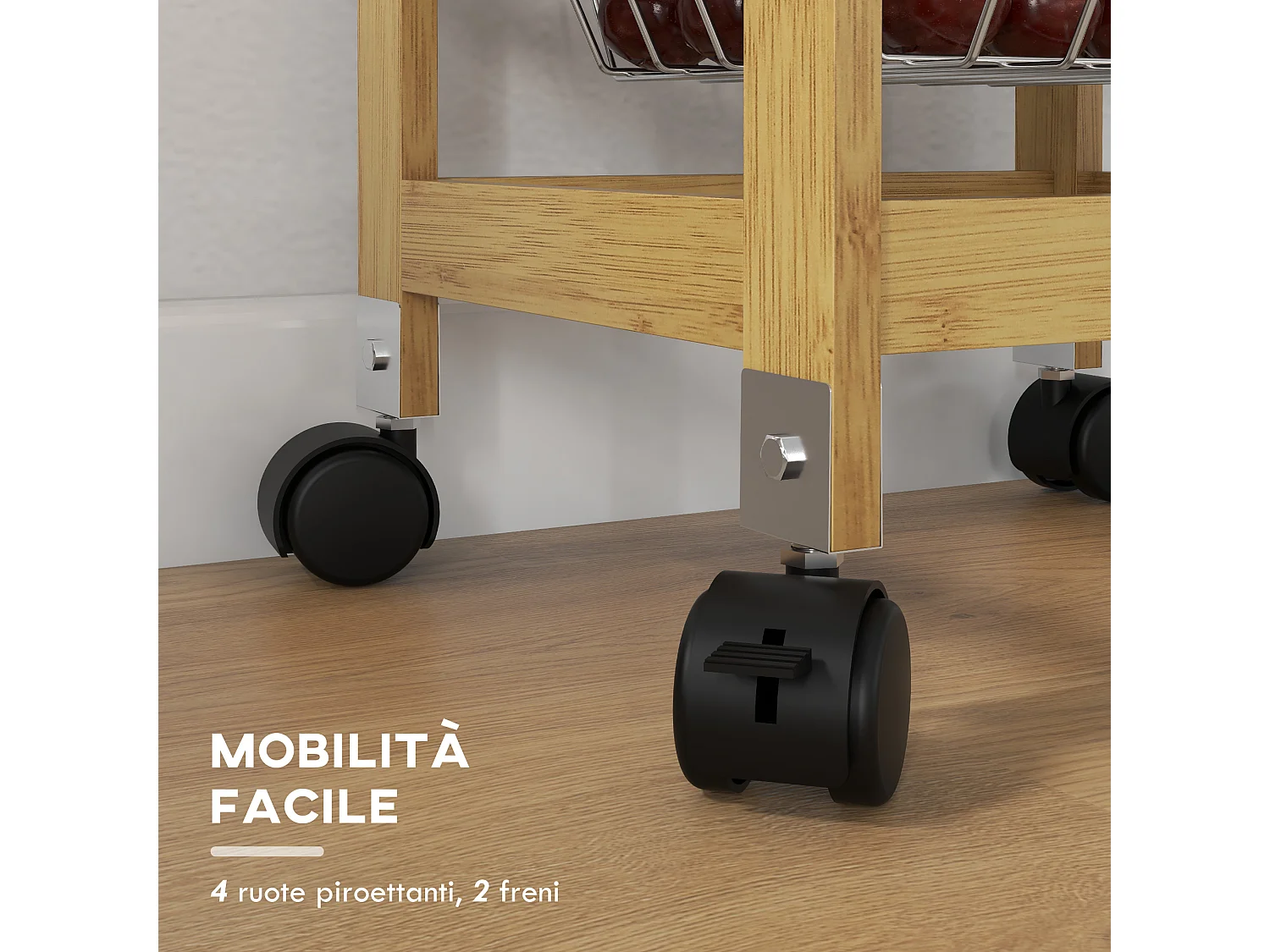 Carrello cucina con cassetto e 3 cestini a rete estraibili in legno