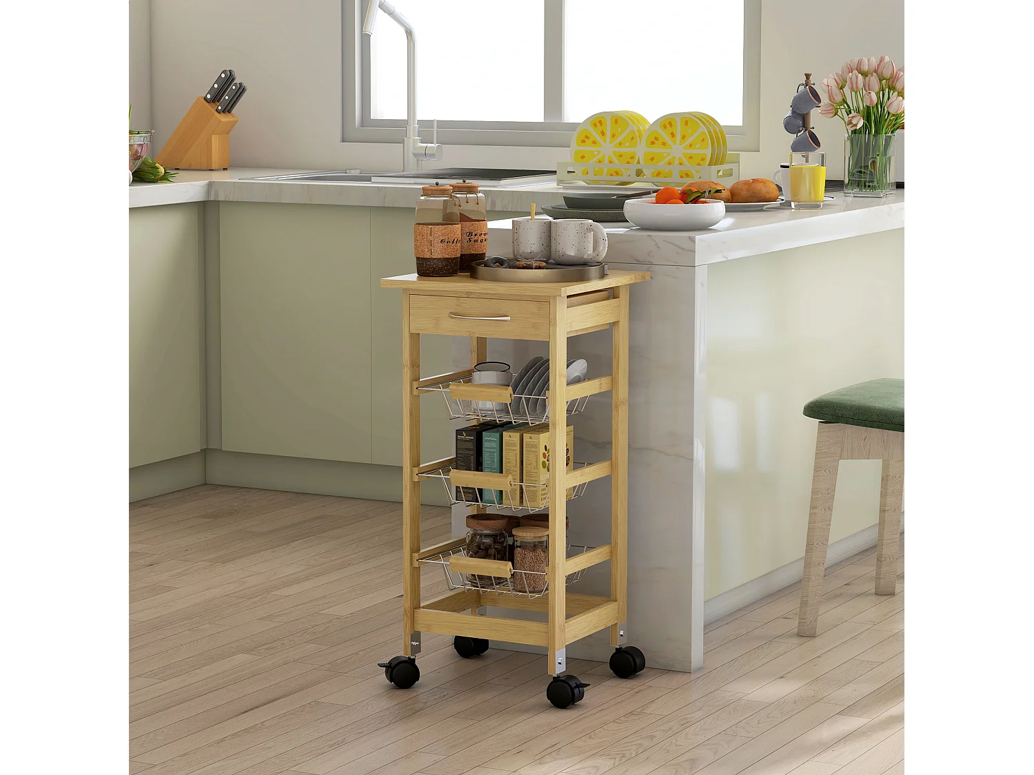 Carrello cucina con cassetto e 3 cestini a rete estraibili in legno