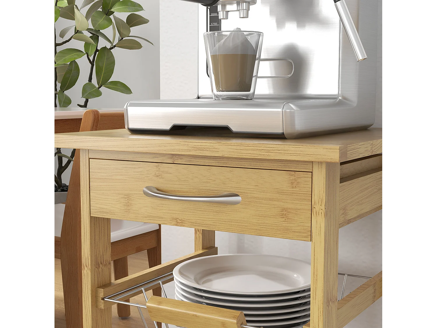 Carrello cucina con cassetto e 3 cestini a rete estraibili in legno