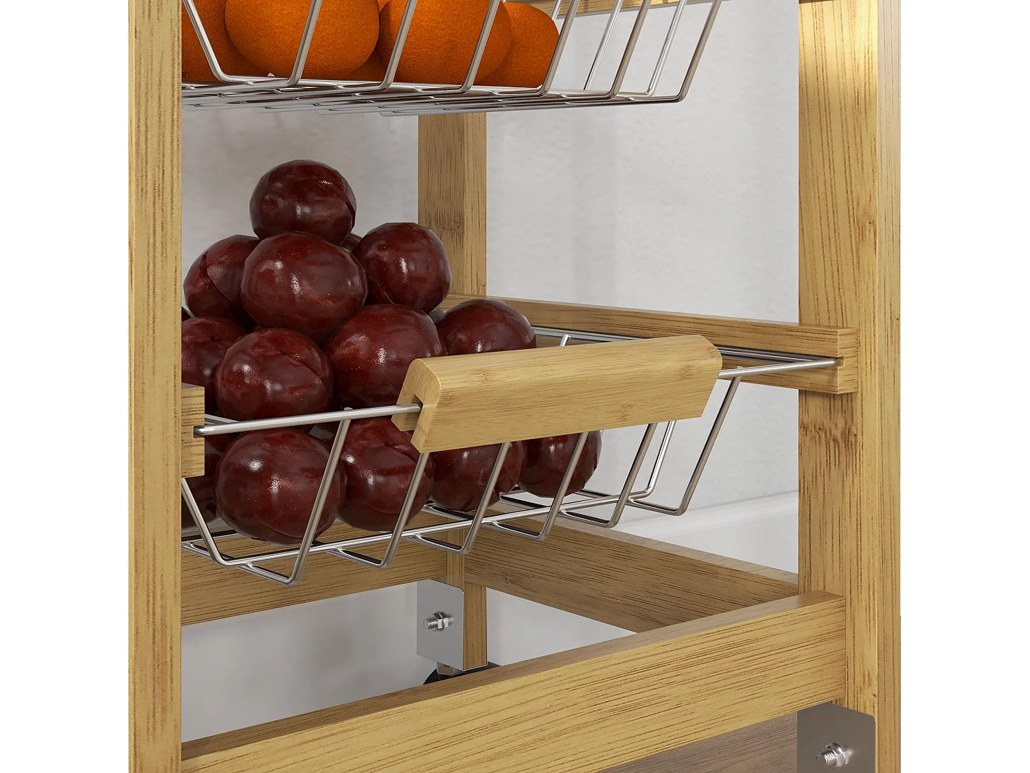 Carrello cucina con cassetto e 3 cestini a rete estraibili in legno