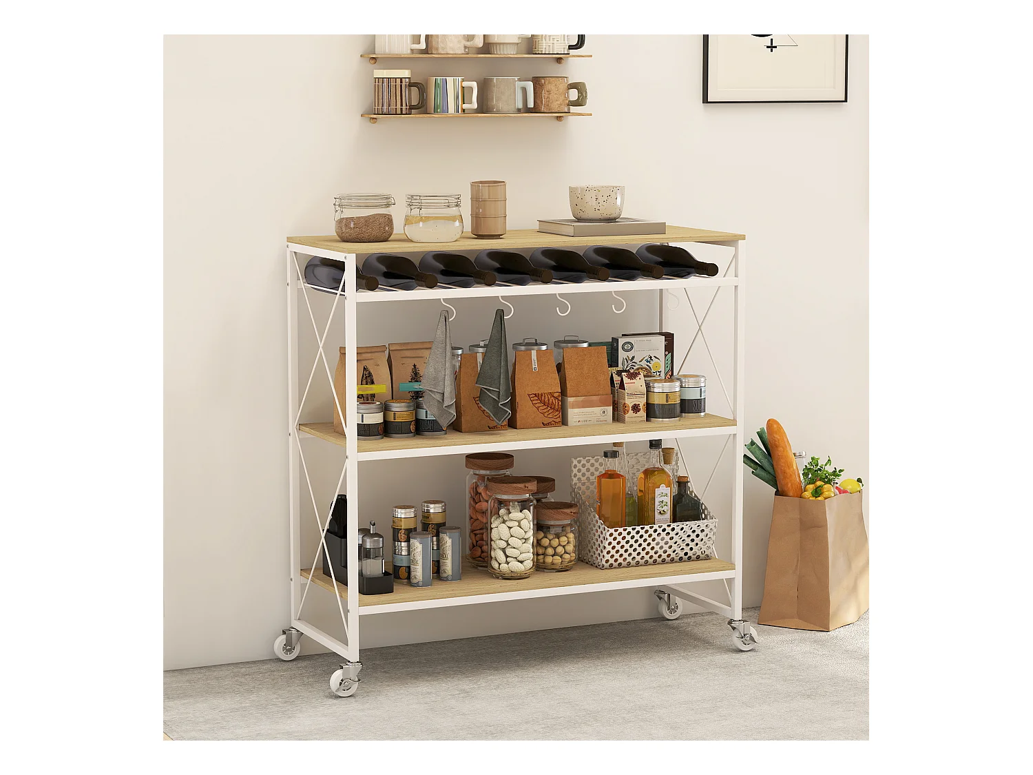 Carrello portavivande a 4 livelli con portabottiglie e 5 ganci