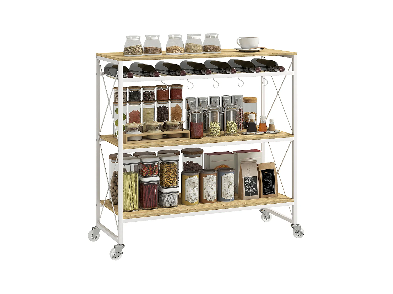 Carrello portavivande a 4 livelli con portabottiglie e 5 ganci