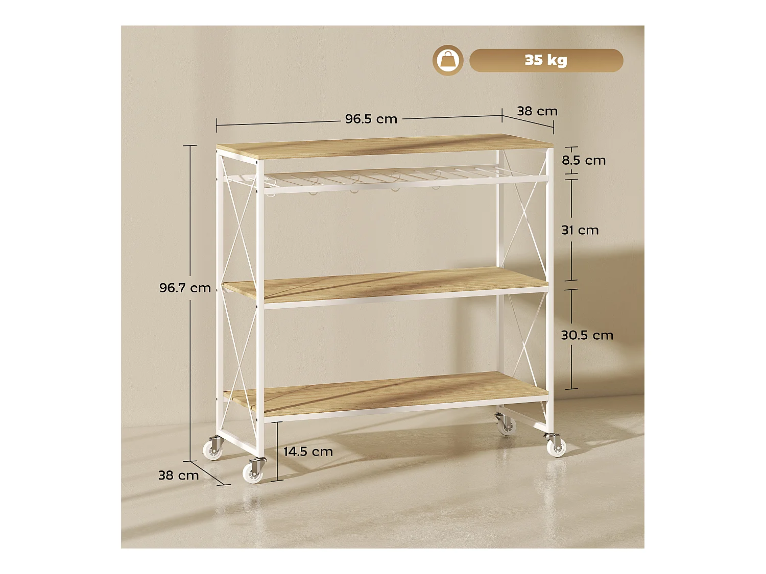 Carrello portavivande a 4 livelli con portabottiglie e 5 ganci
