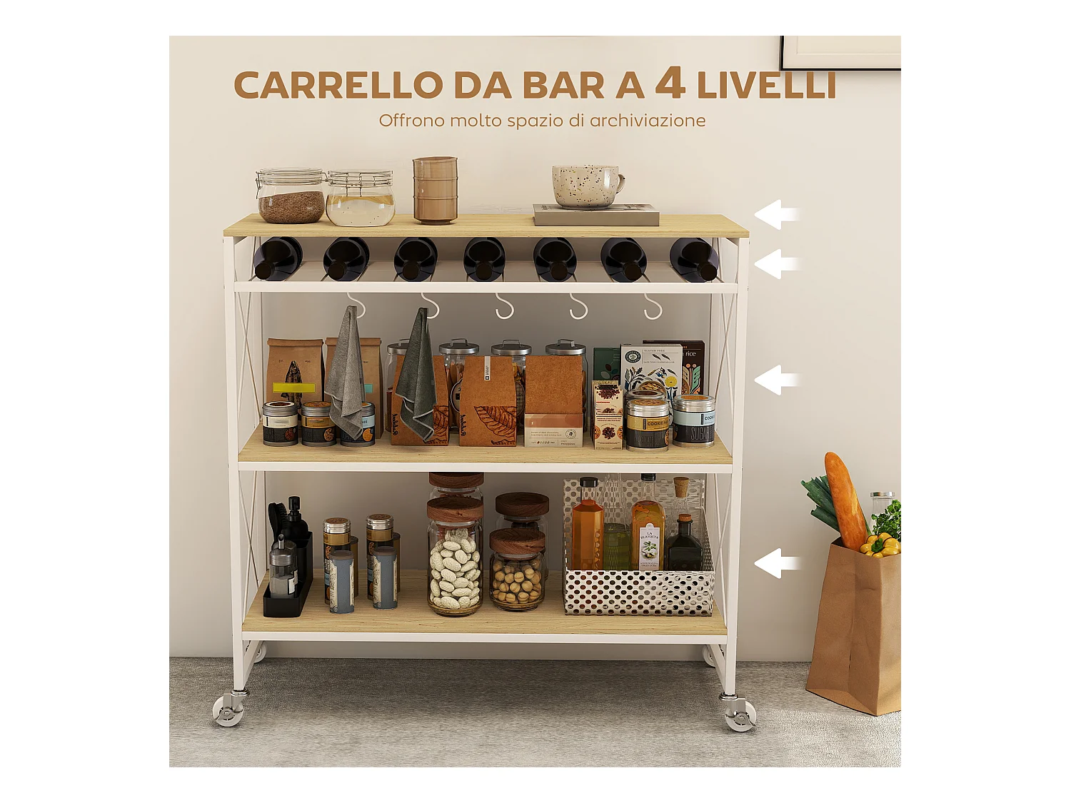 Carrello portavivande a 4 livelli con portabottiglie e 5 ganci