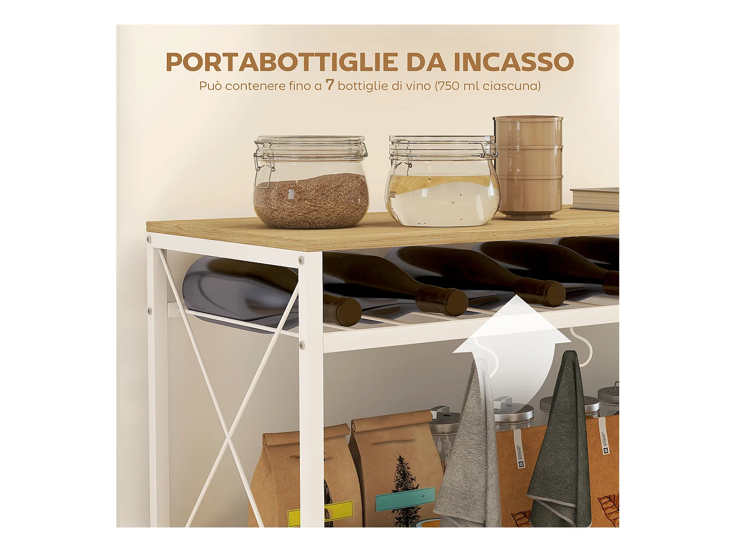 Carrello portavivande a 4 livelli con portabottiglie e 5 ganci