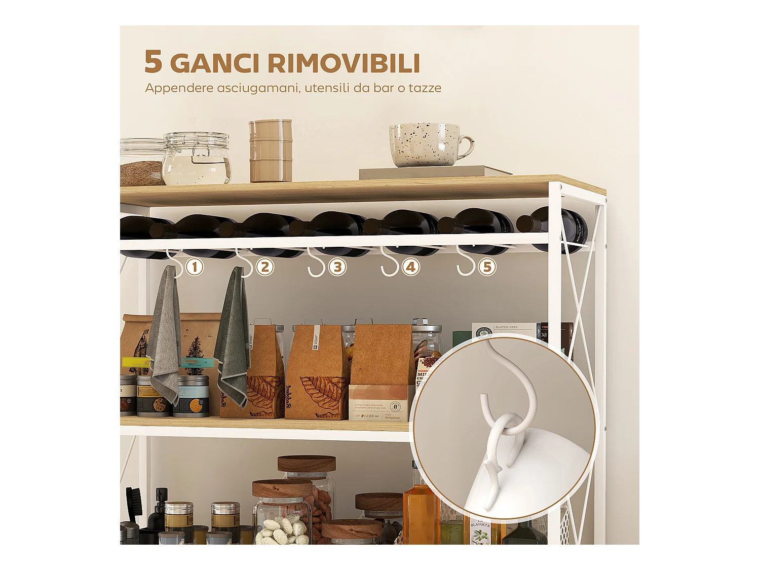 Carrello portavivande a 4 livelli con portabottiglie e 5 ganci