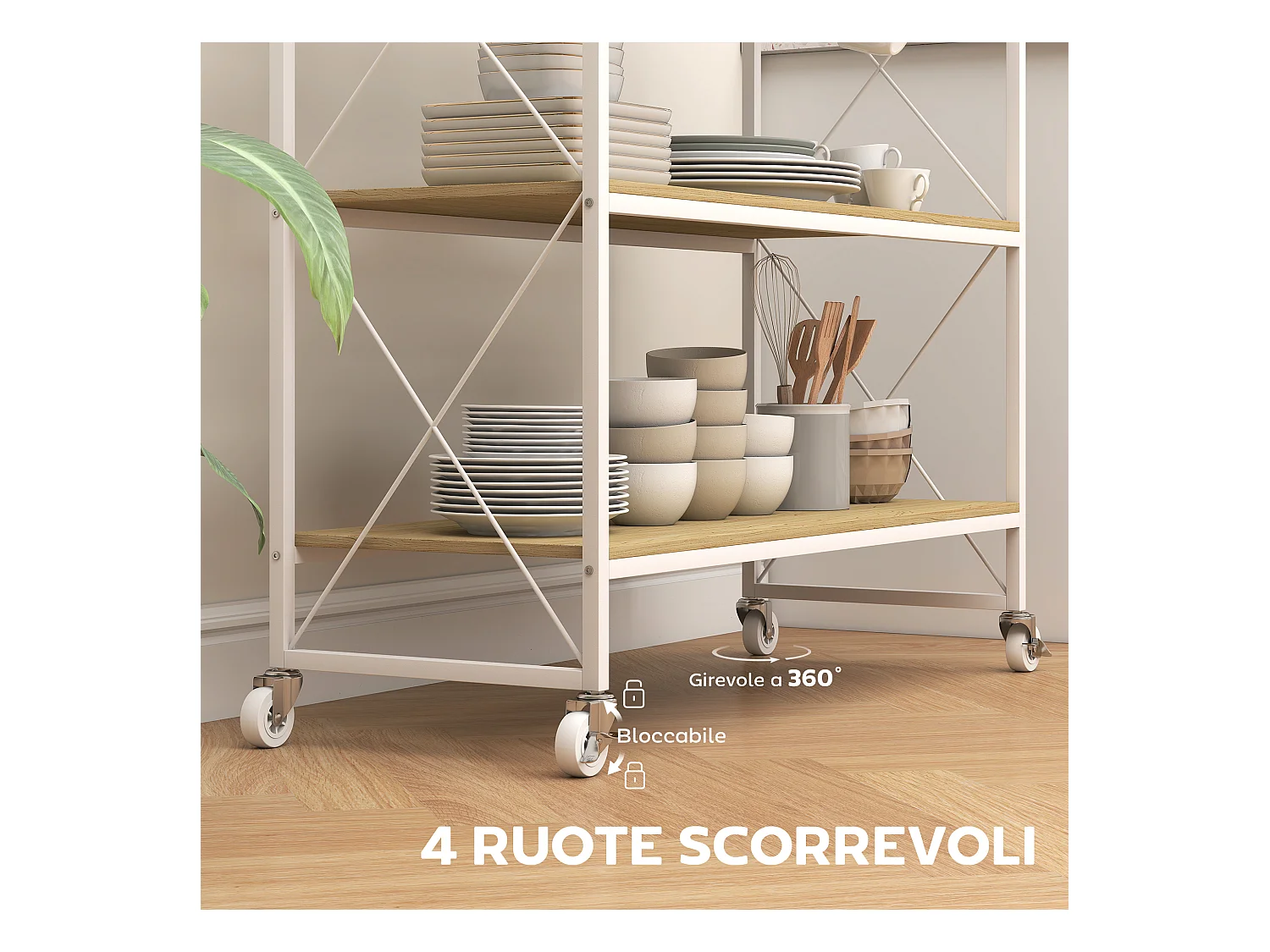 Carrello portavivande a 4 livelli con portabottiglie e 5 ganci