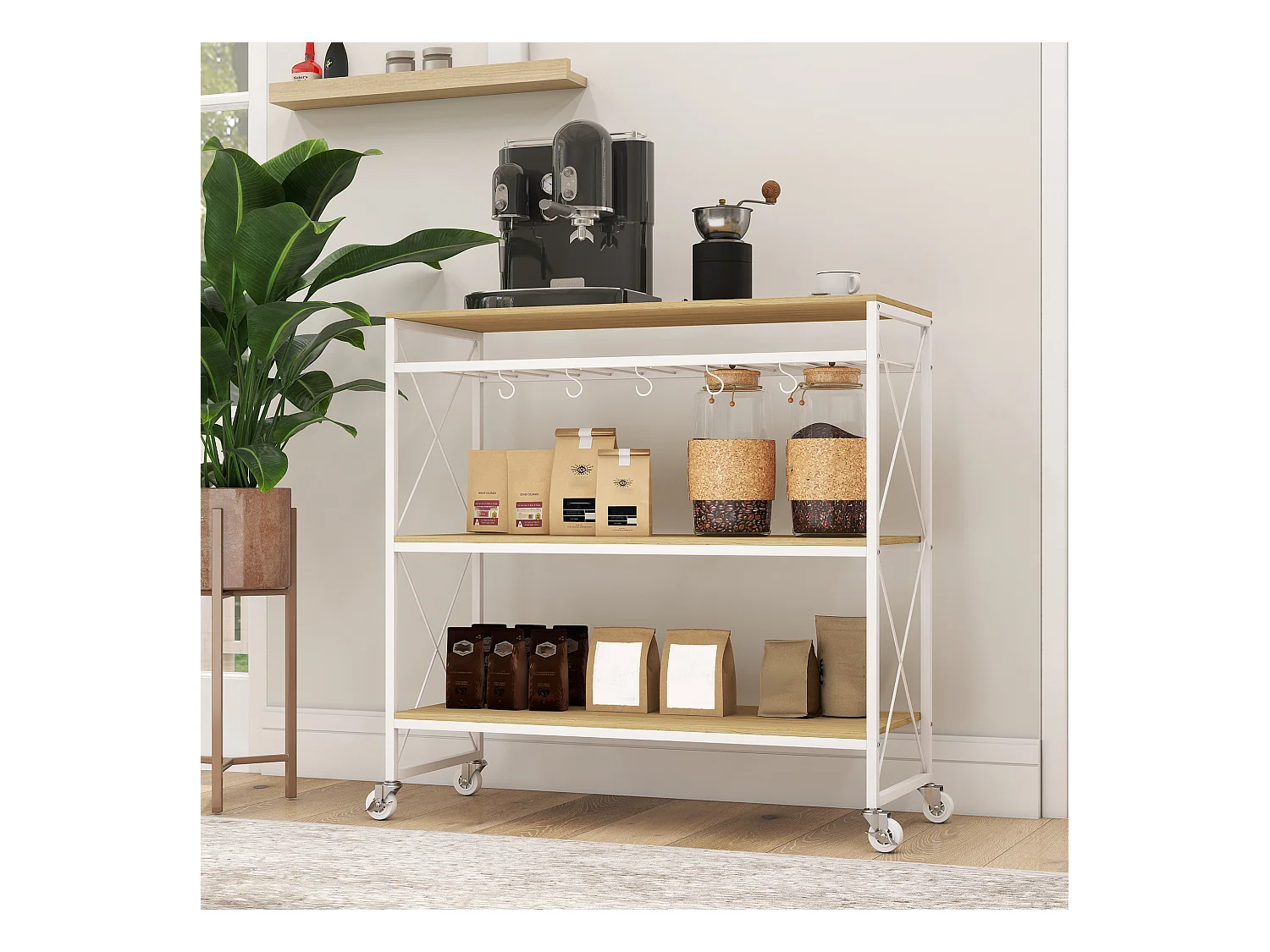 Carrello portavivande a 4 livelli con portabottiglie e 5 ganci