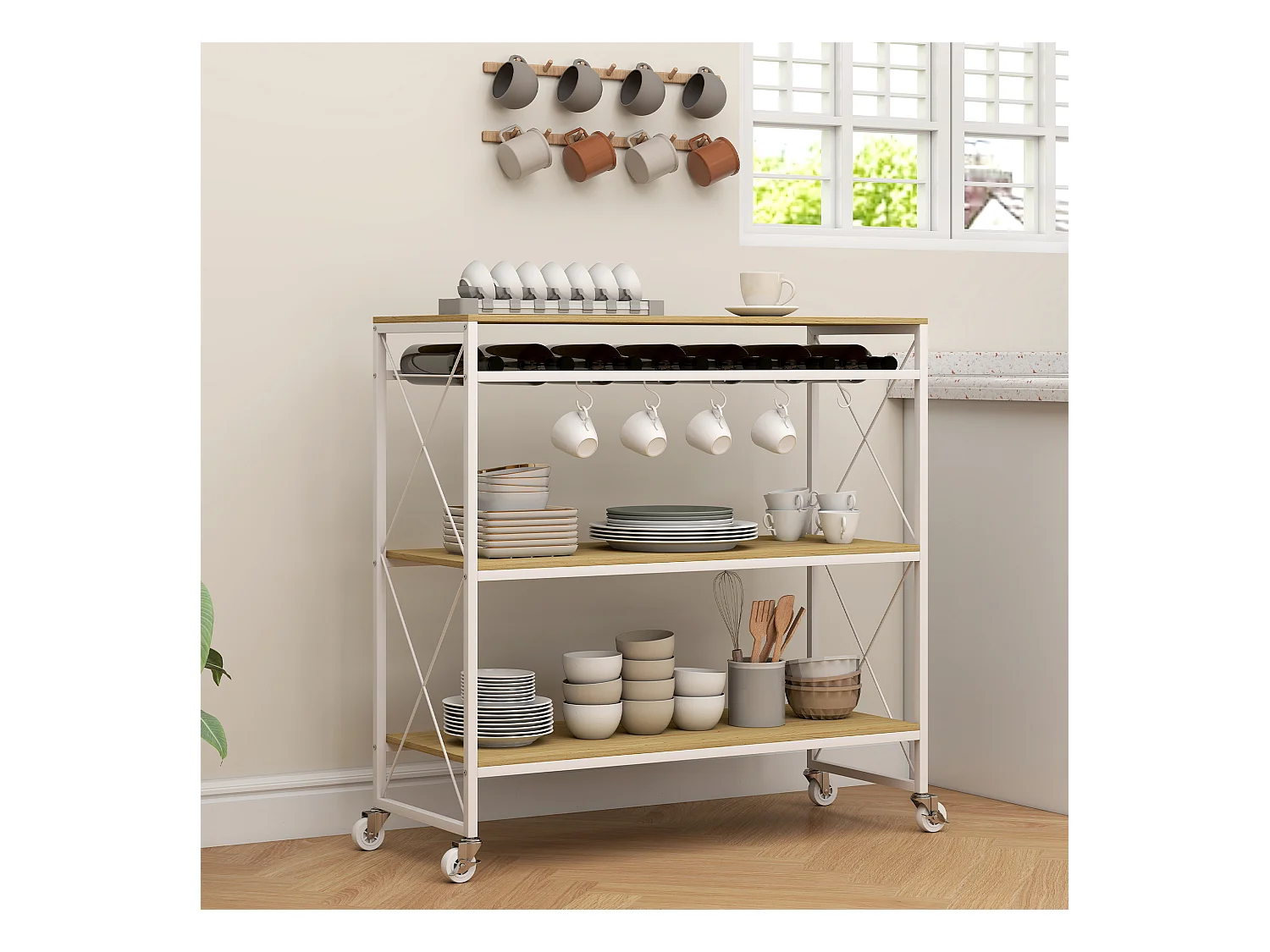 Carrello portavivande a 4 livelli con portabottiglie e 5 ganci