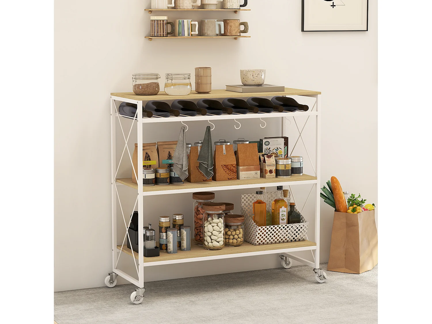 Carrello portavivande a 4 livelli con portabottiglie e 5 ganci