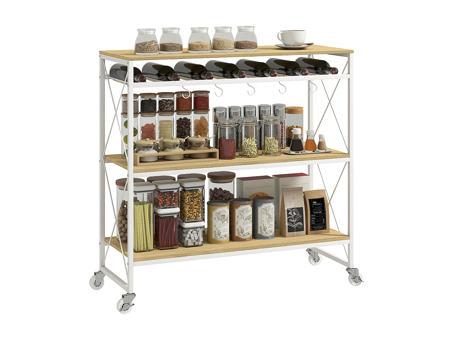 Carrello portavivande a 4 livelli con portabottiglie e 5 ganci