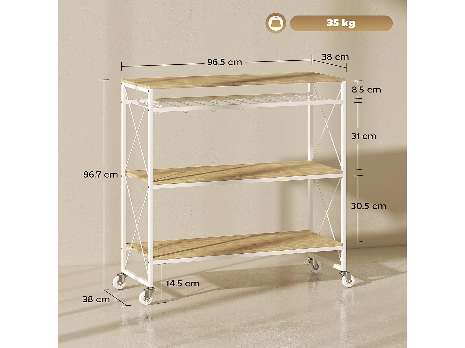 Carrello portavivande a 4 livelli con portabottiglie e 5 ganci