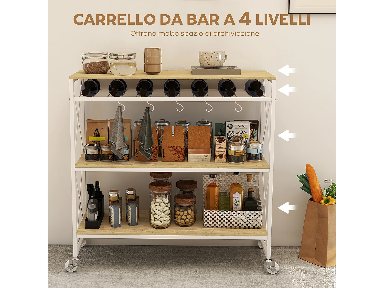Carrello portavivande a 4 livelli con portabottiglie e 5 ganci