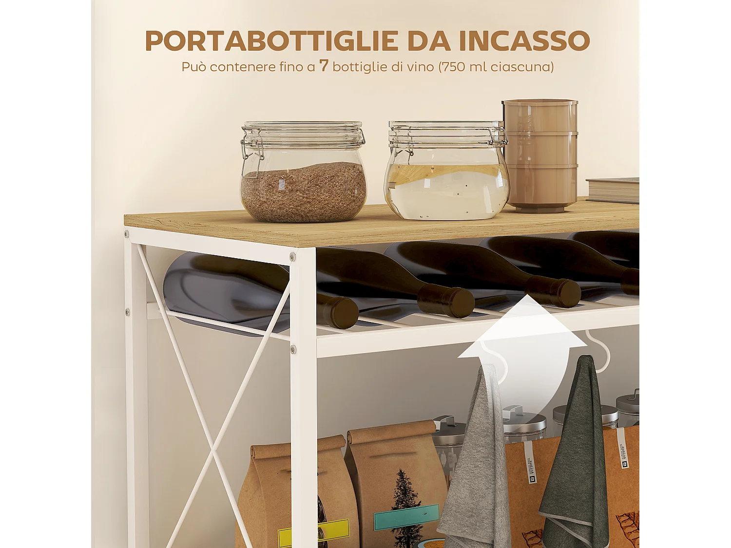 Carrello portavivande a 4 livelli con portabottiglie e 5 ganci