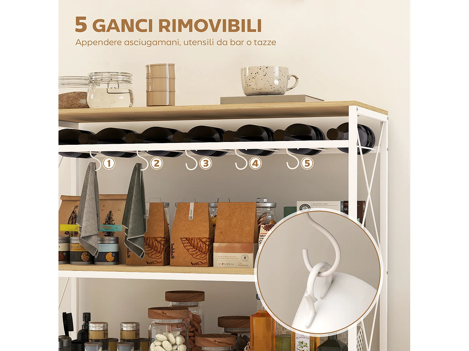 Carrello portavivande a 4 livelli con portabottiglie e 5 ganci