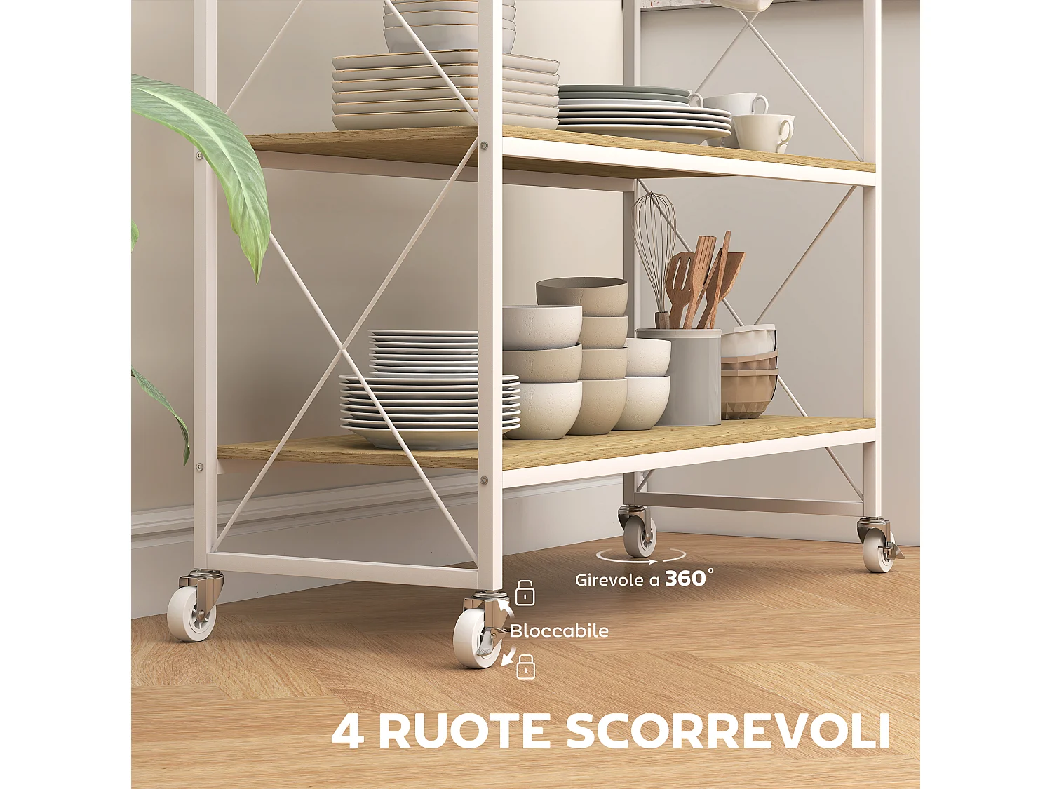 Carrello portavivande a 4 livelli con portabottiglie e 5 ganci