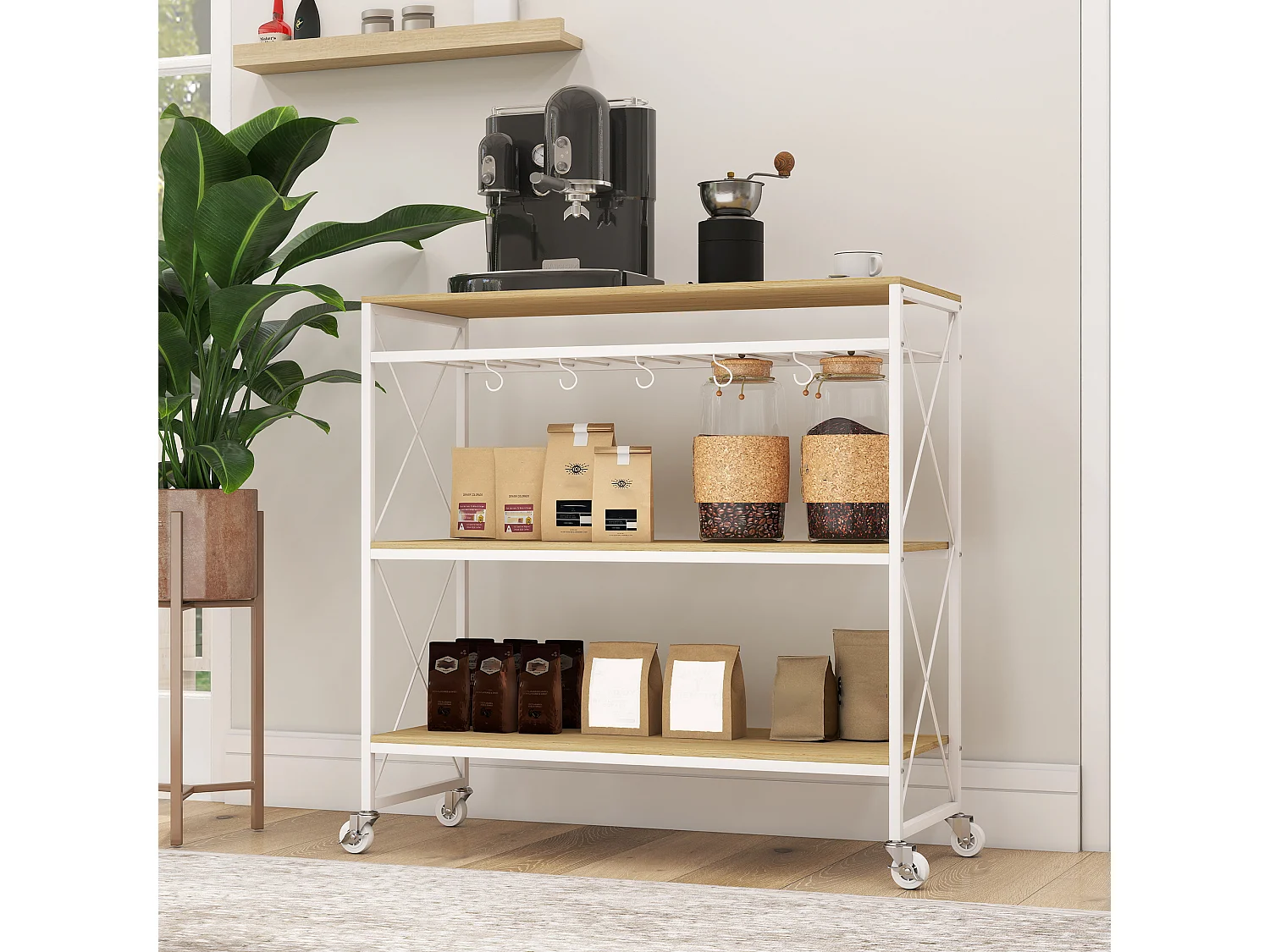 Carrello portavivande a 4 livelli con portabottiglie e 5 ganci