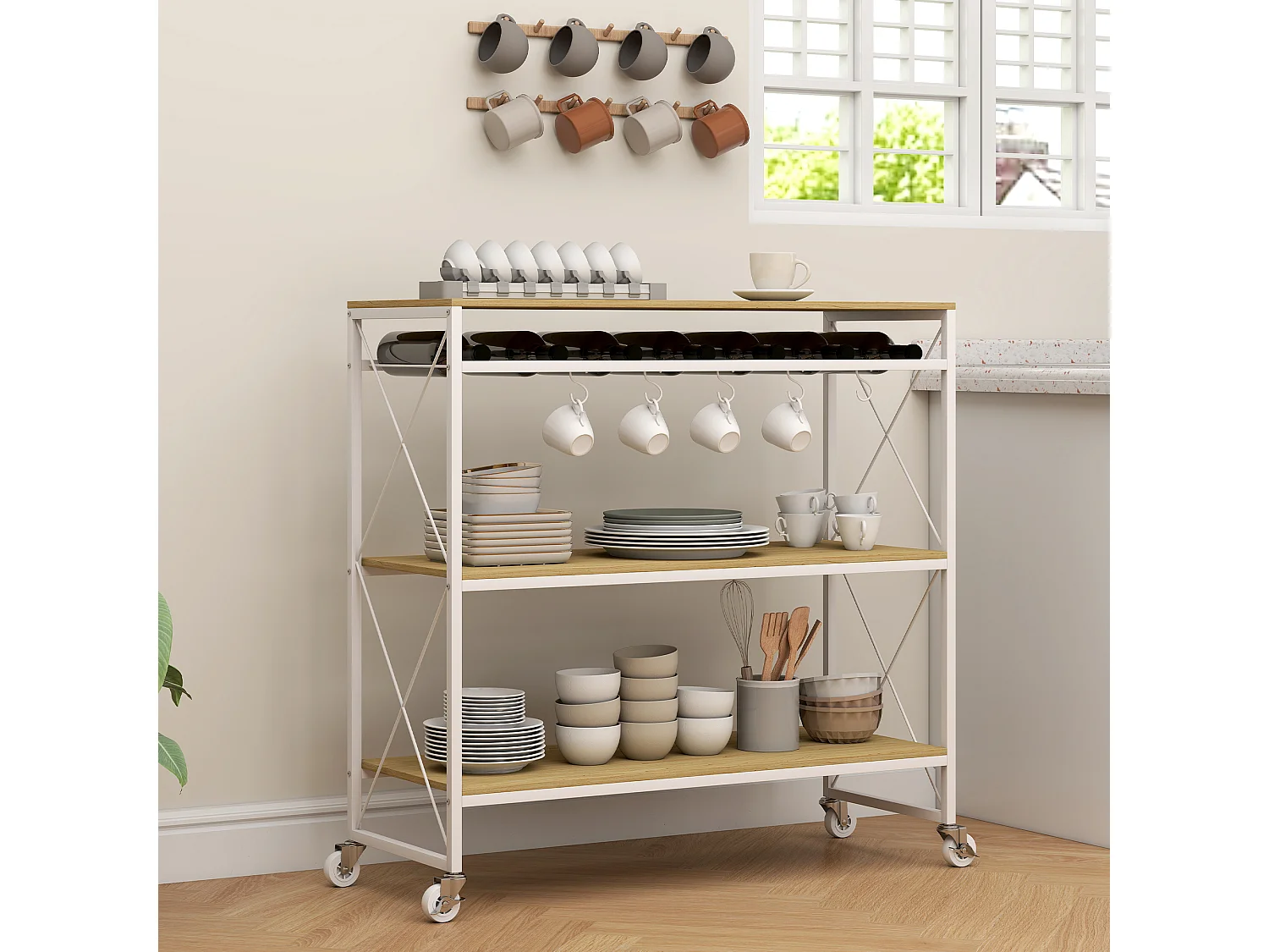 Carrello portavivande a 4 livelli con portabottiglie e 5 ganci