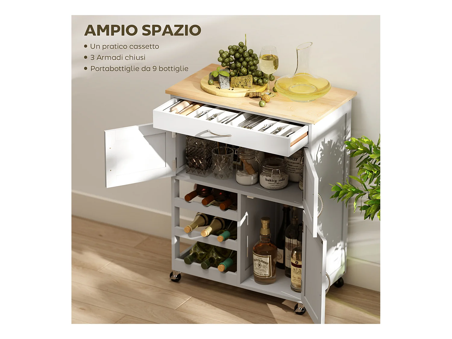 Carrello portavivande carrellino per cucina in legno bianco