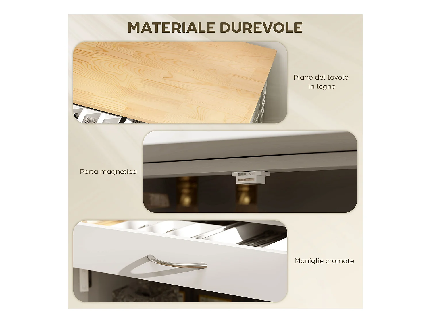 Carrello portavivande carrellino per cucina in legno bianco