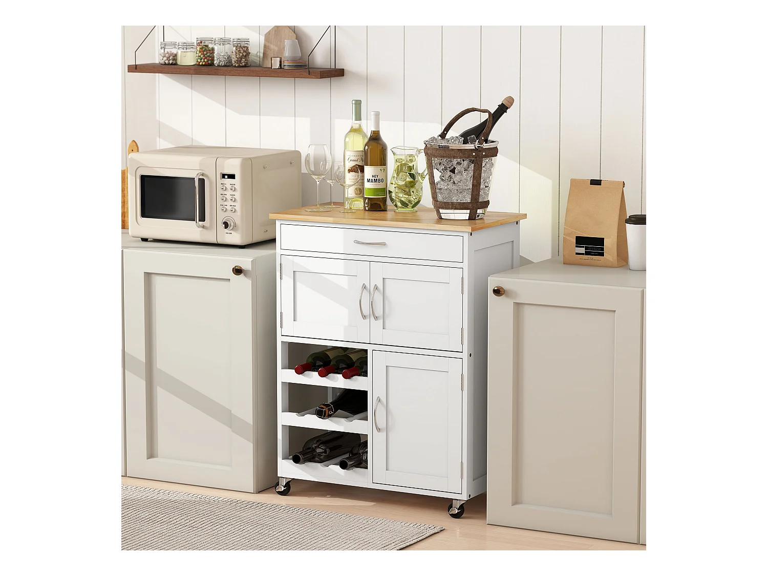 Carrello portavivande carrellino per cucina in legno bianco