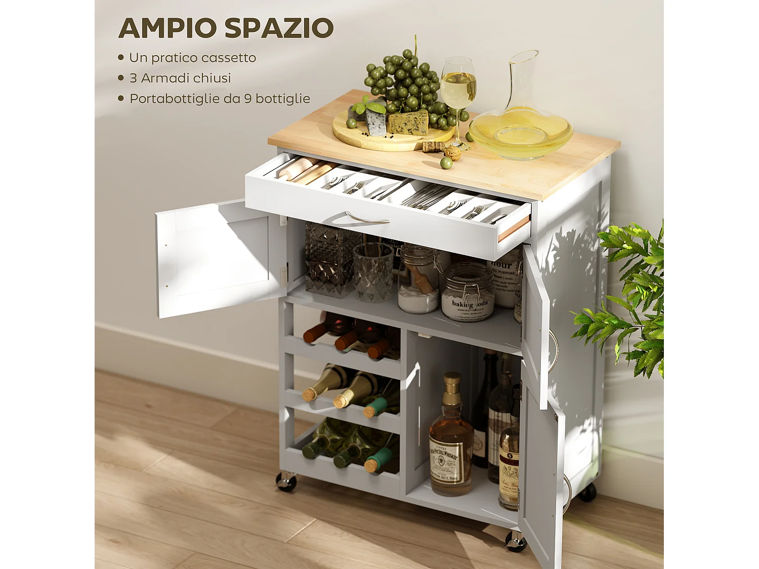 Carrello portavivande carrellino per cucina in legno bianco