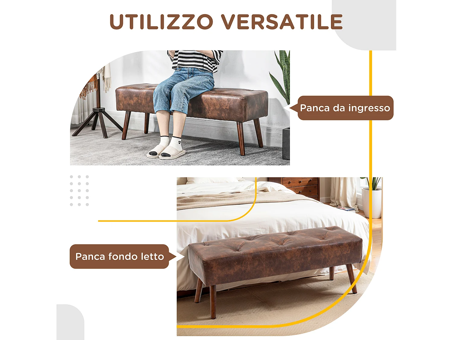 Panca imbottita con rivestimento in finta pelle marrone