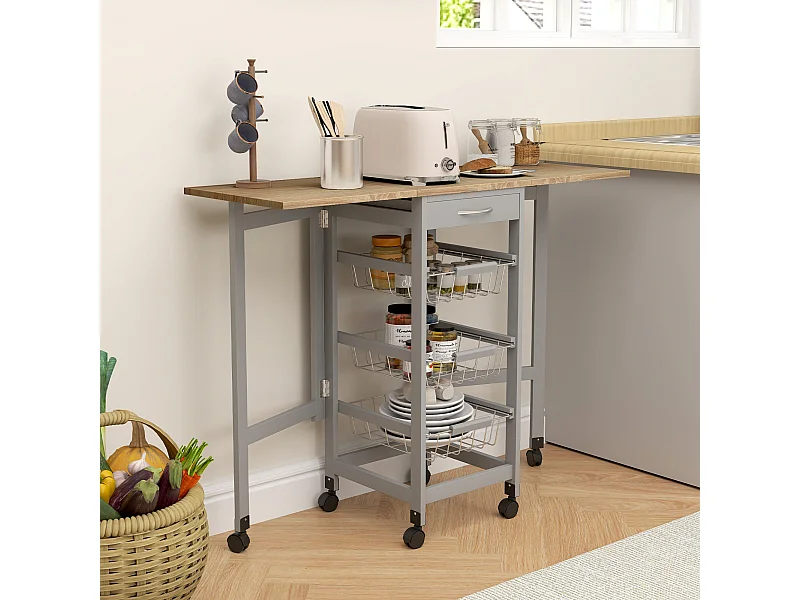 Carrello da cucina con 3 cestini, cassetto e 2 ribalte grigio e rovere