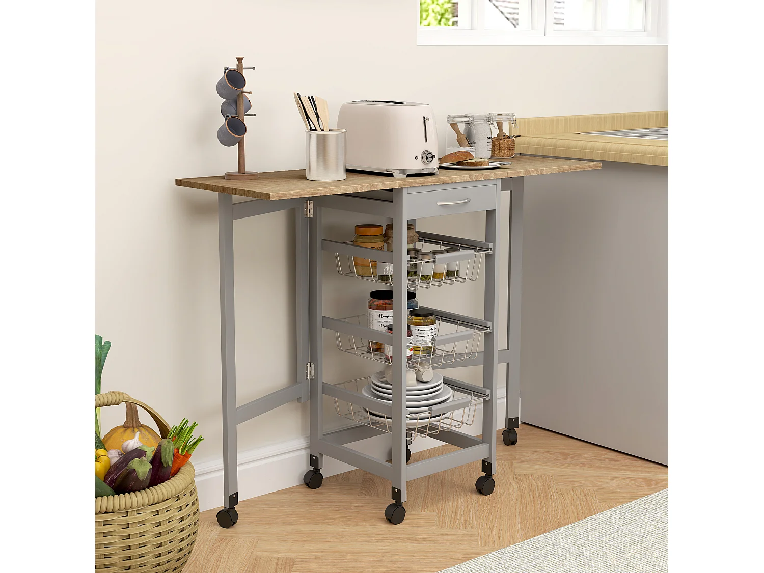 Carrello da cucina con 3 cestini, cassetto e 2 ribalte grigio e rovere