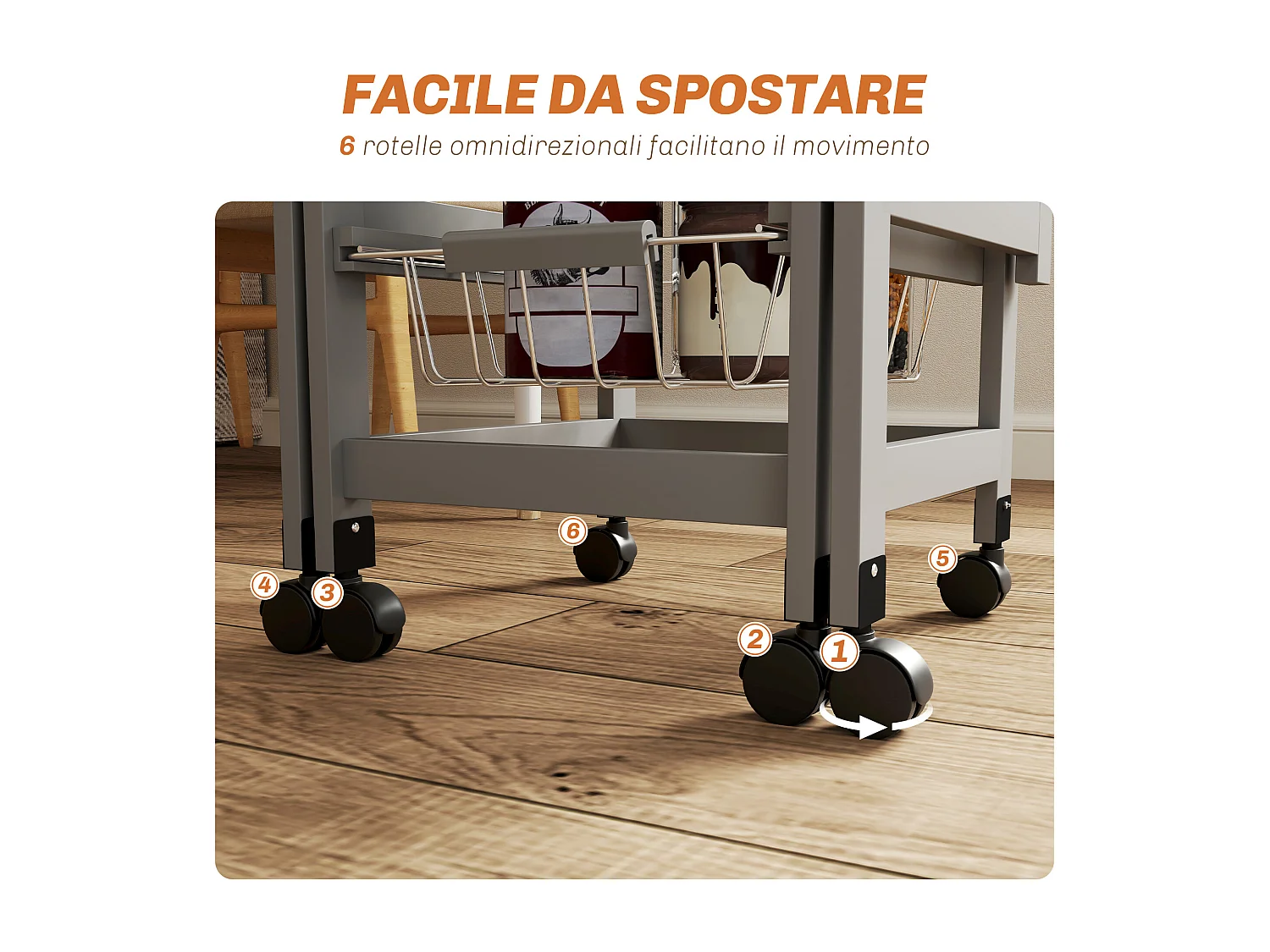 Carrello da cucina con 3 cestini, cassetto e 2 ribalte grigio e rovere