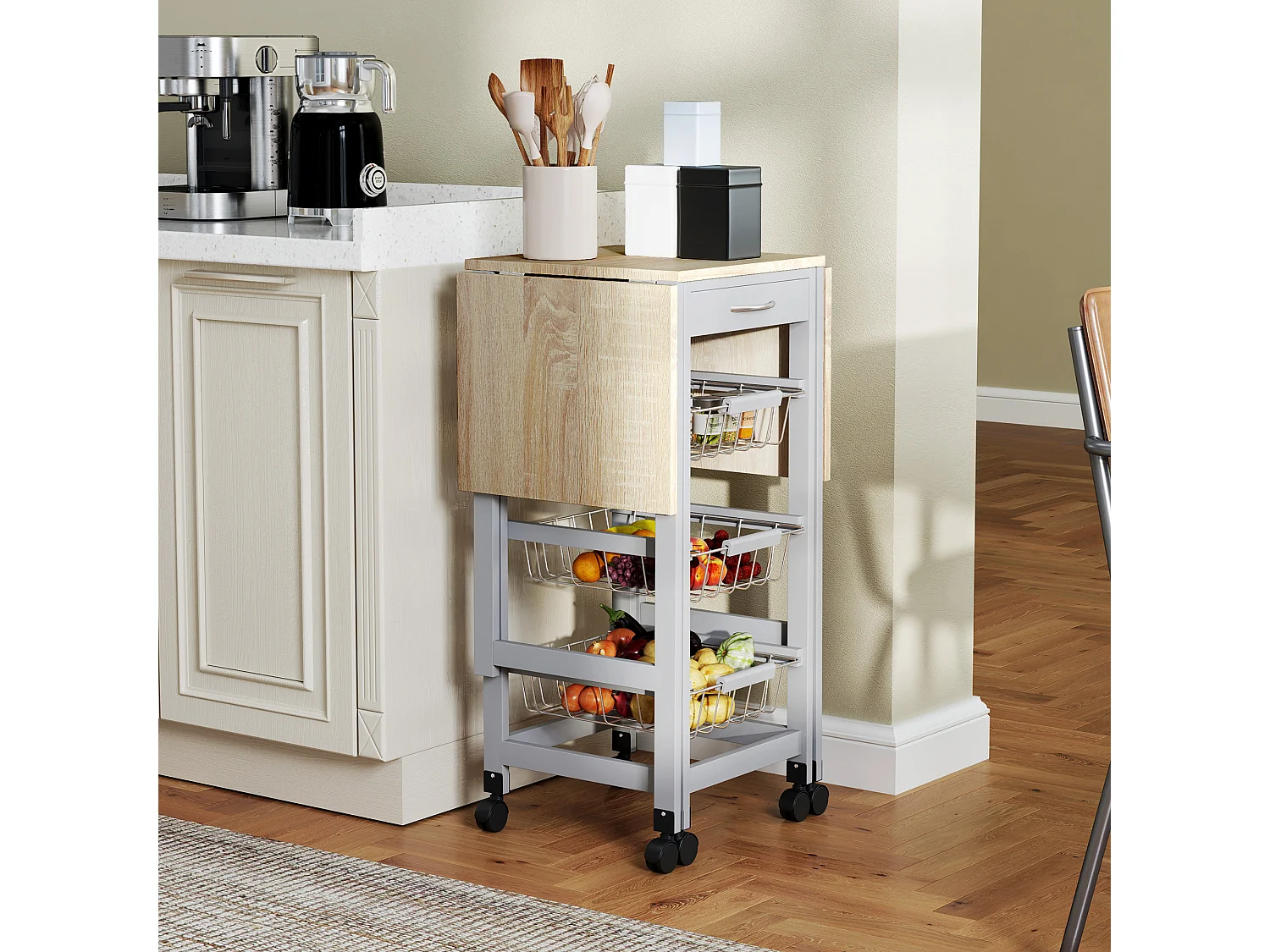 Carrello da cucina con 3 cestini, cassetto e 2 ribalte grigio e rovere
