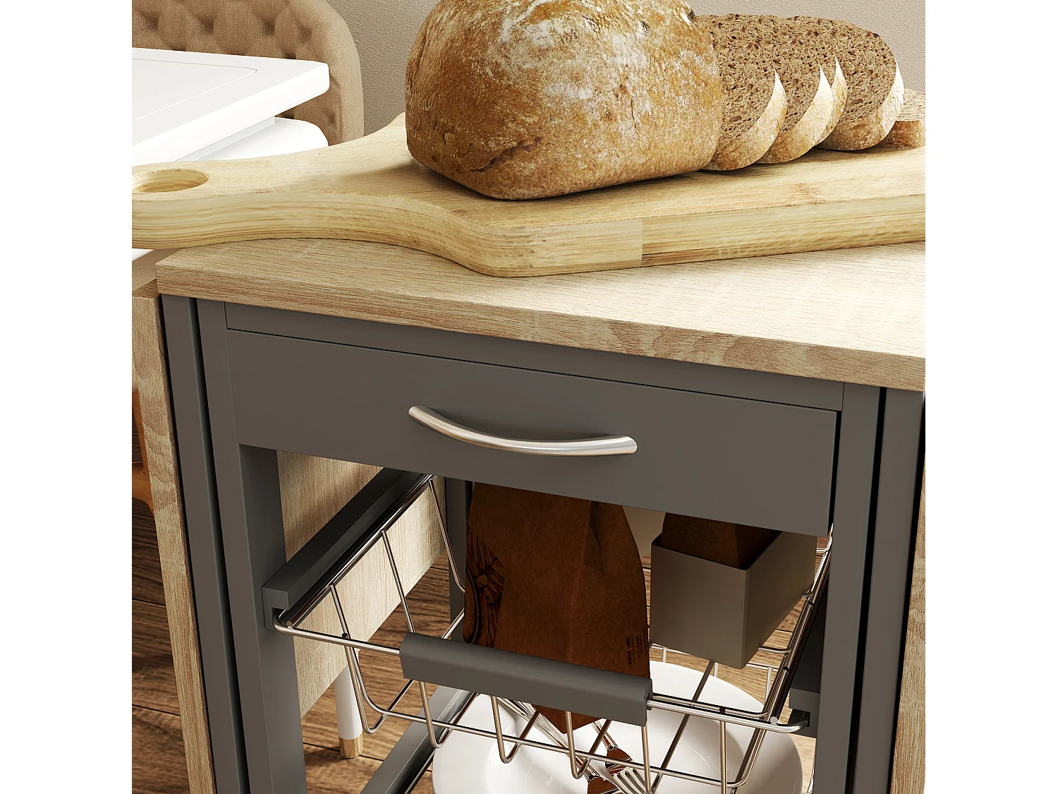 Carrello da cucina con 3 cestini, cassetto e 2 ribalte grigio e rovere