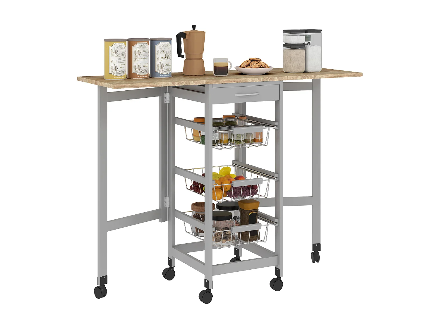 Carrello da cucina con 3 cestini, cassetto e 2 ribalte grigio e rovere