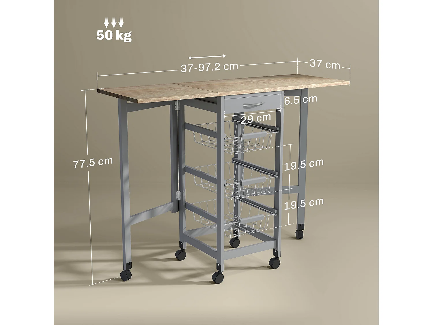 Carrello da cucina con 3 cestini, cassetto e 2 ribalte grigio e rovere