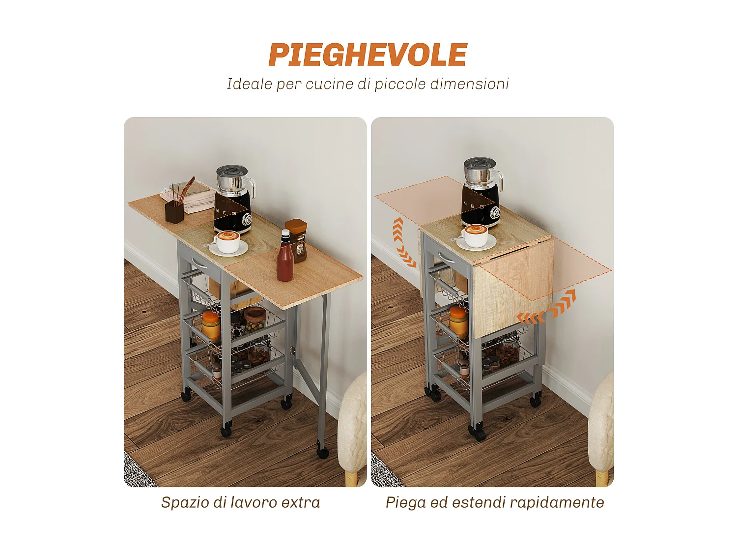 Carrello da cucina con 3 cestini, cassetto e 2 ribalte grigio e rovere