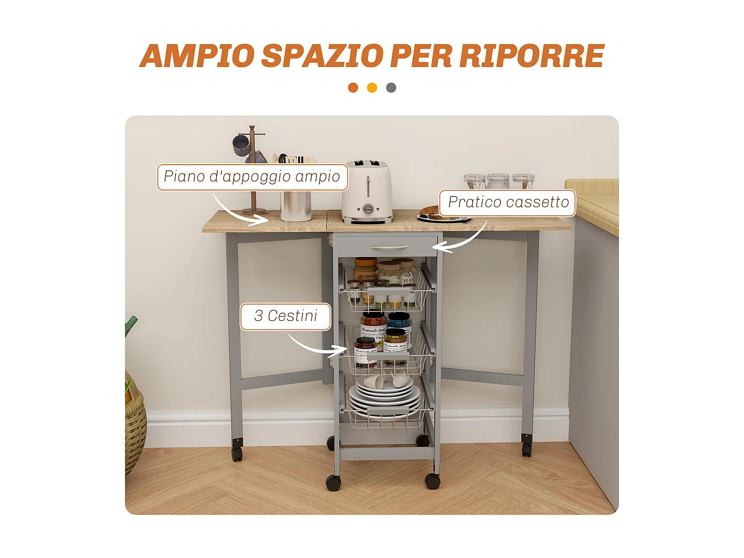 Carrello da cucina con 3 cestini, cassetto e 2 ribalte grigio e rovere