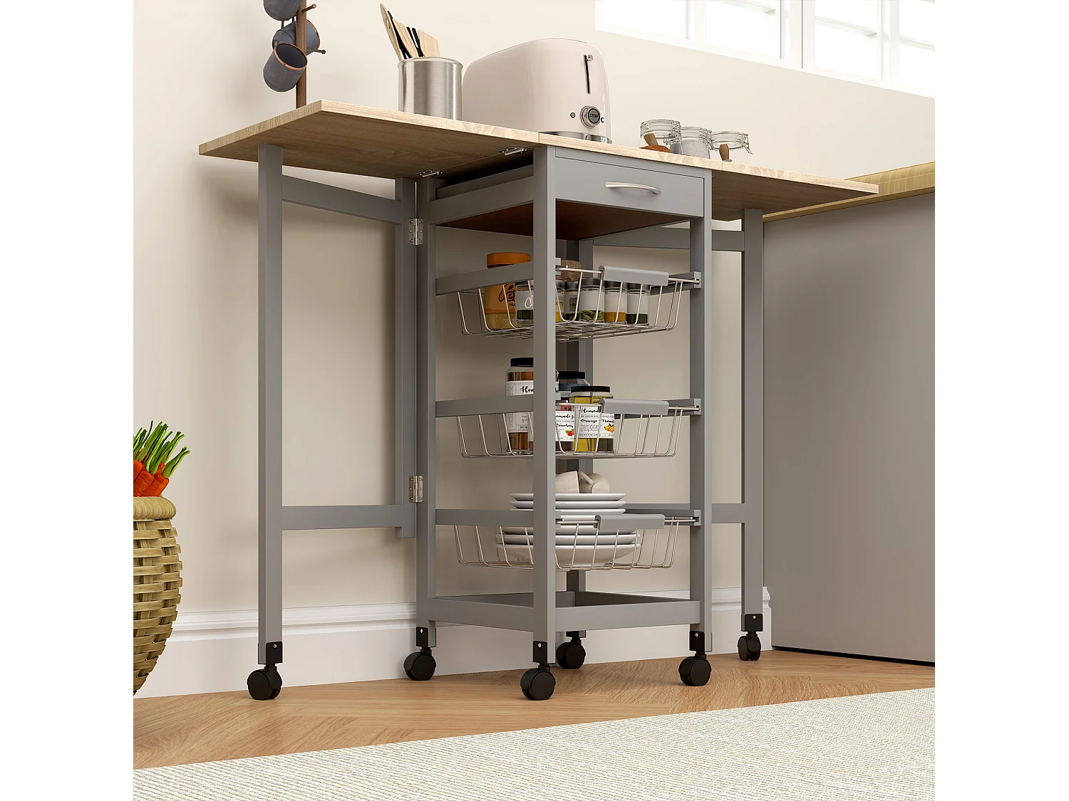 Carrello da cucina con 3 cestini, cassetto e 2 ribalte grigio e rovere