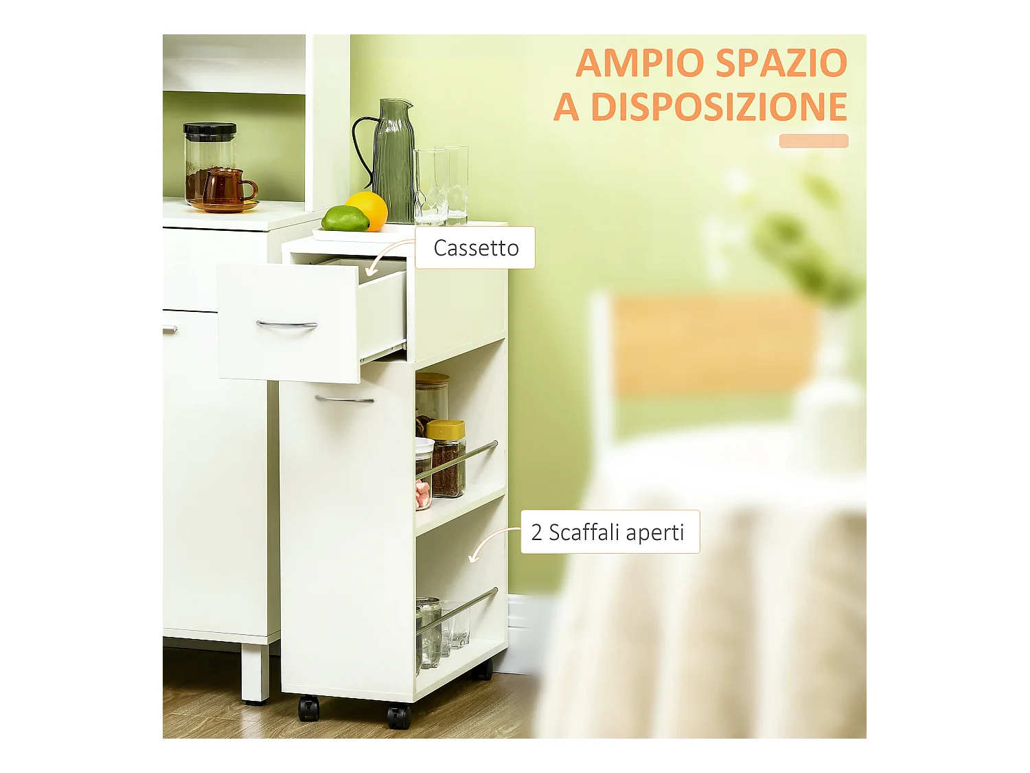 Carrello da cucina con 2 ripiani aperti e cassetto estraibile