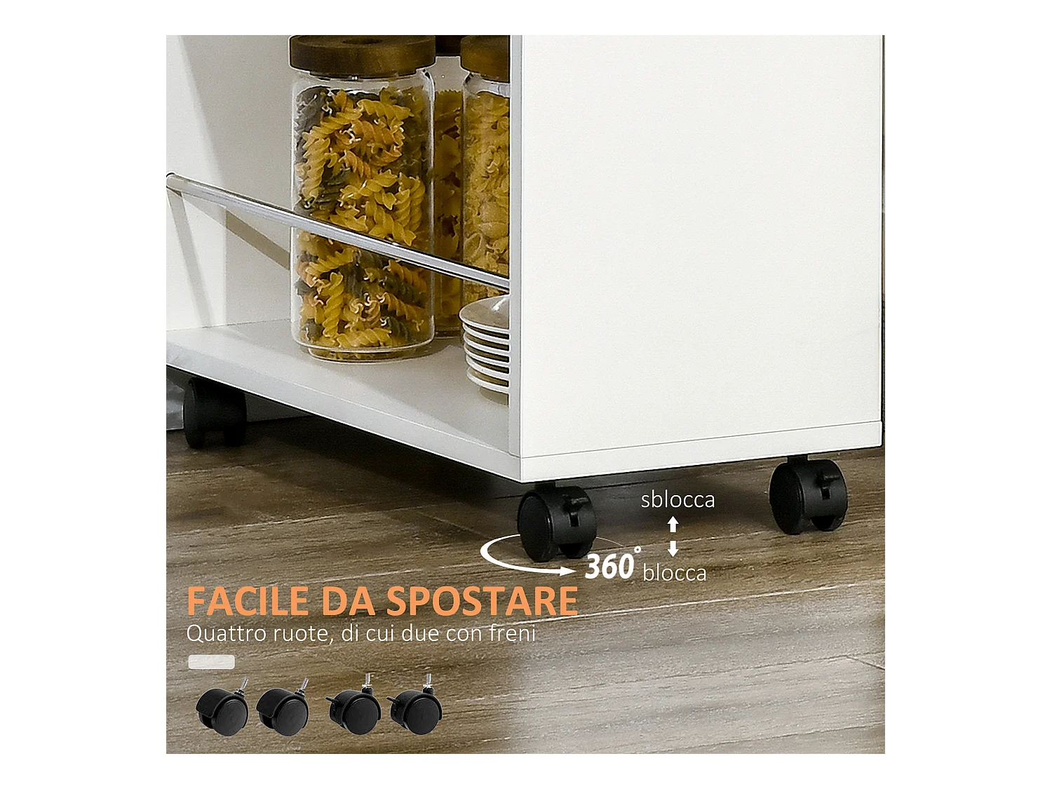 Carrello da cucina con 2 ripiani aperti e cassetto estraibile