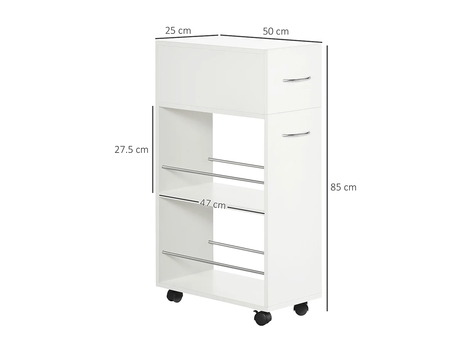 Carrello da cucina con 2 ripiani aperti e cassetto estraibile