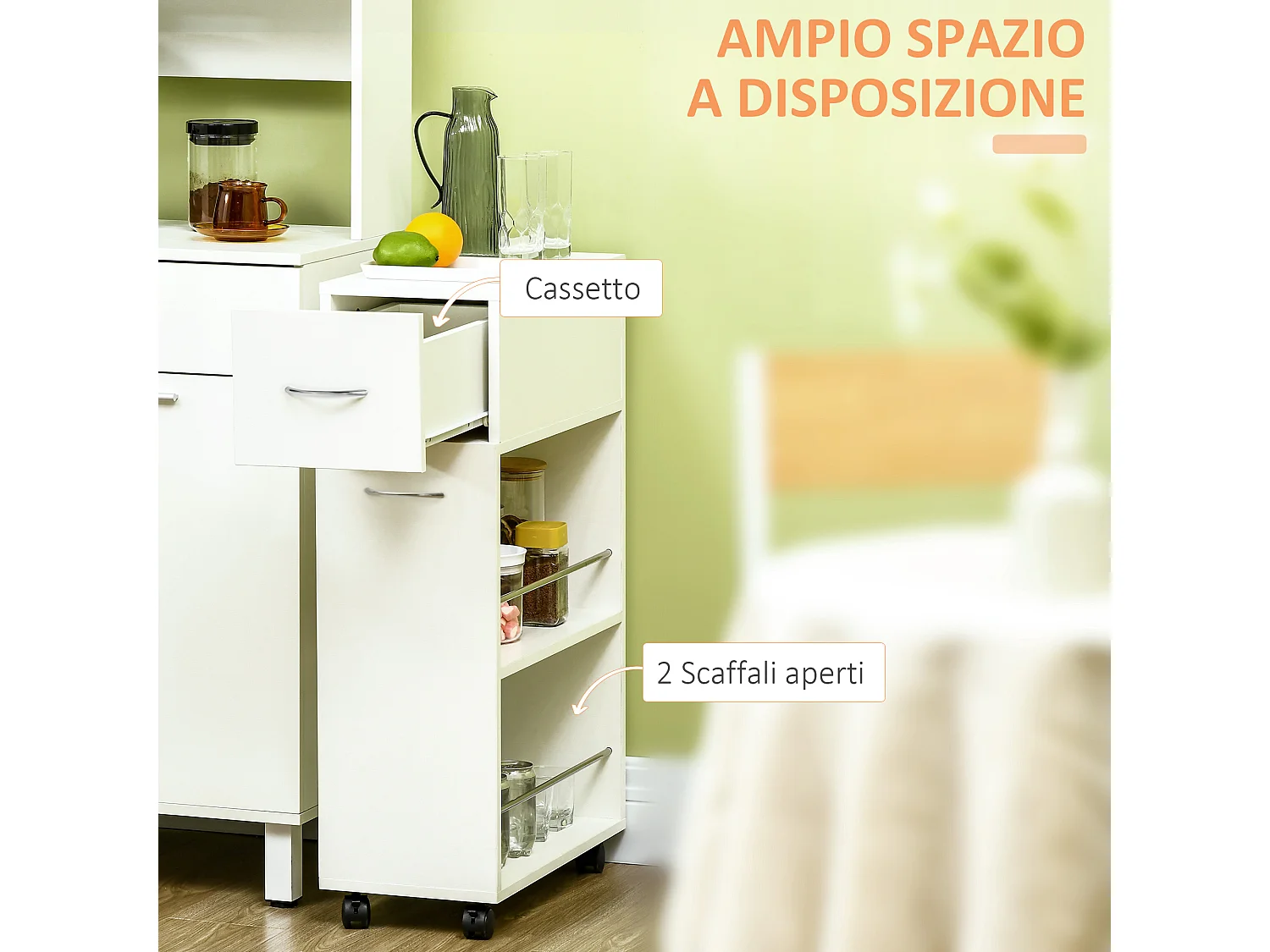 Carrello da cucina con 2 ripiani aperti e cassetto estraibile