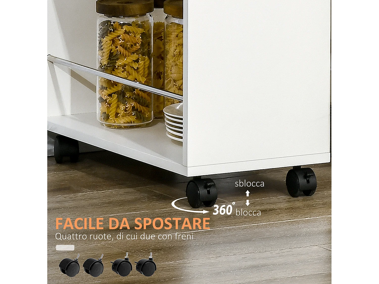 Carrello da cucina con 2 ripiani aperti e cassetto estraibile