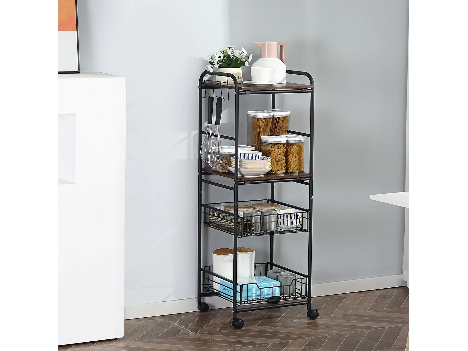 Carrello da cucina con 2 cesti estraibili e ganci laterali