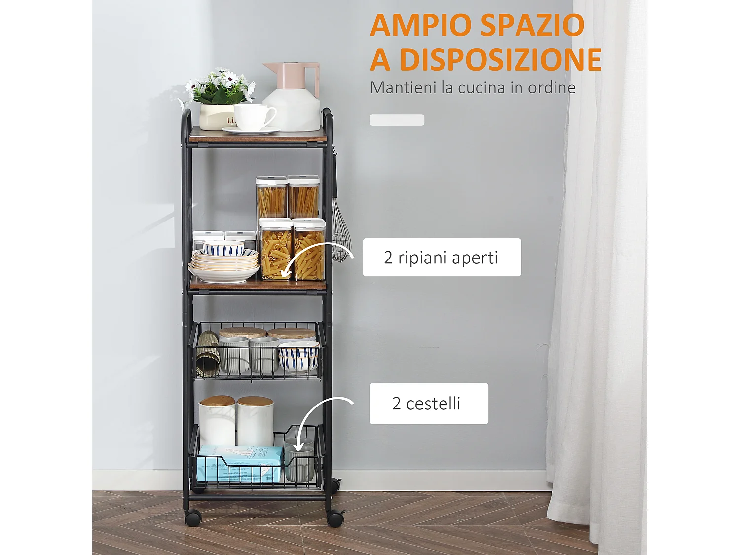 Carrello da cucina con 2 cesti estraibili e ganci laterali