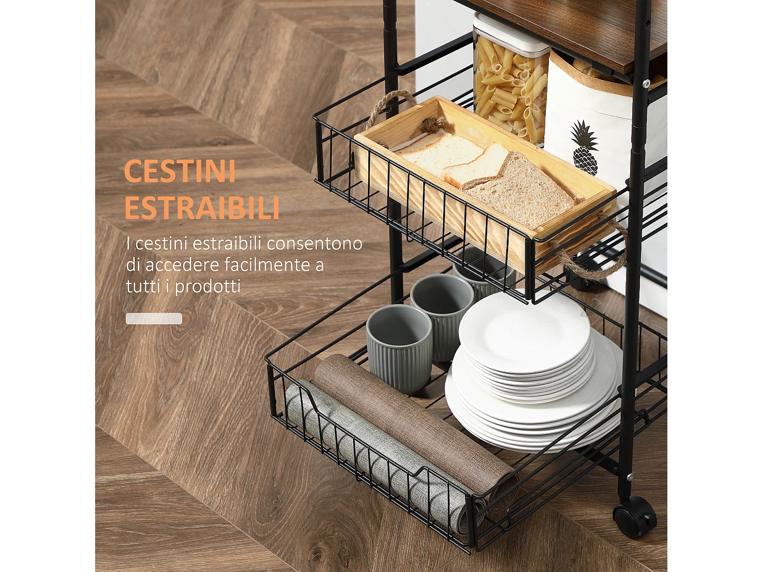 Carrello da cucina con 2 cesti estraibili e ganci laterali