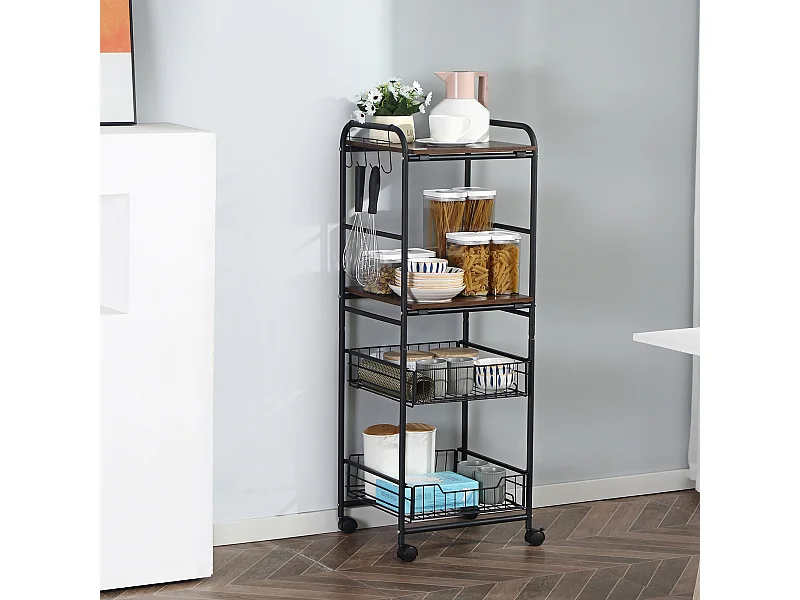 Carrello da cucina con 2 cesti estraibili e ganci laterali