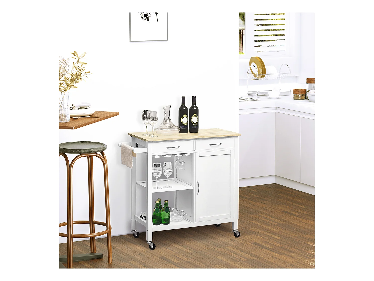 Carrello da cucina classico con cassetti salvaspazio legno bianco