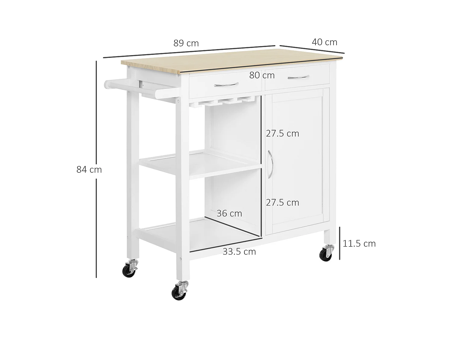 Carrello da cucina classico con cassetti salvaspazio legno bianco
