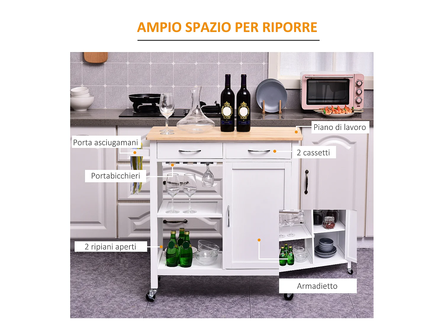 Carrello da cucina classico con cassetti salvaspazio legno bianco