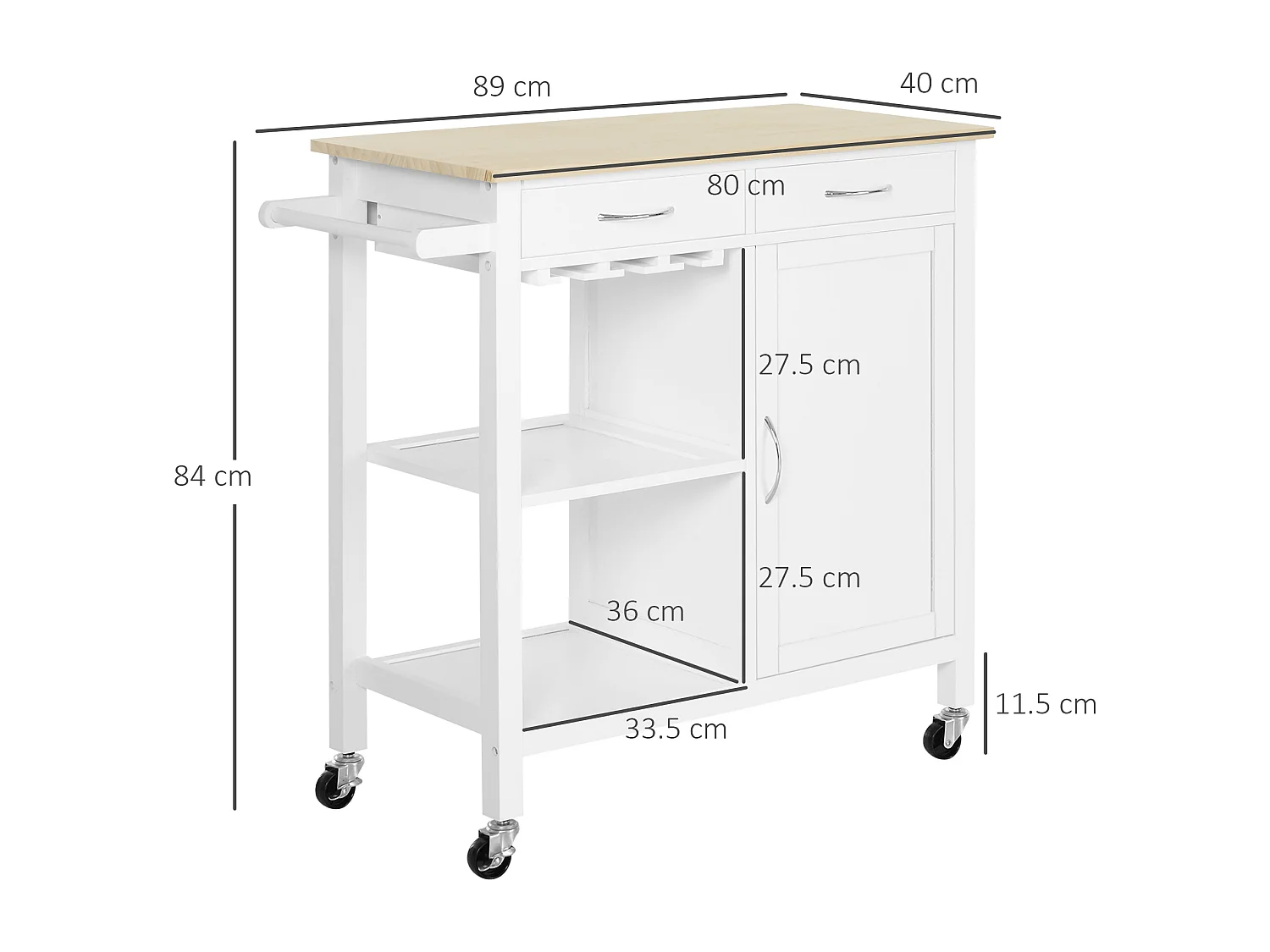 Carrello da cucina classico con cassetti salvaspazio legno bianco
